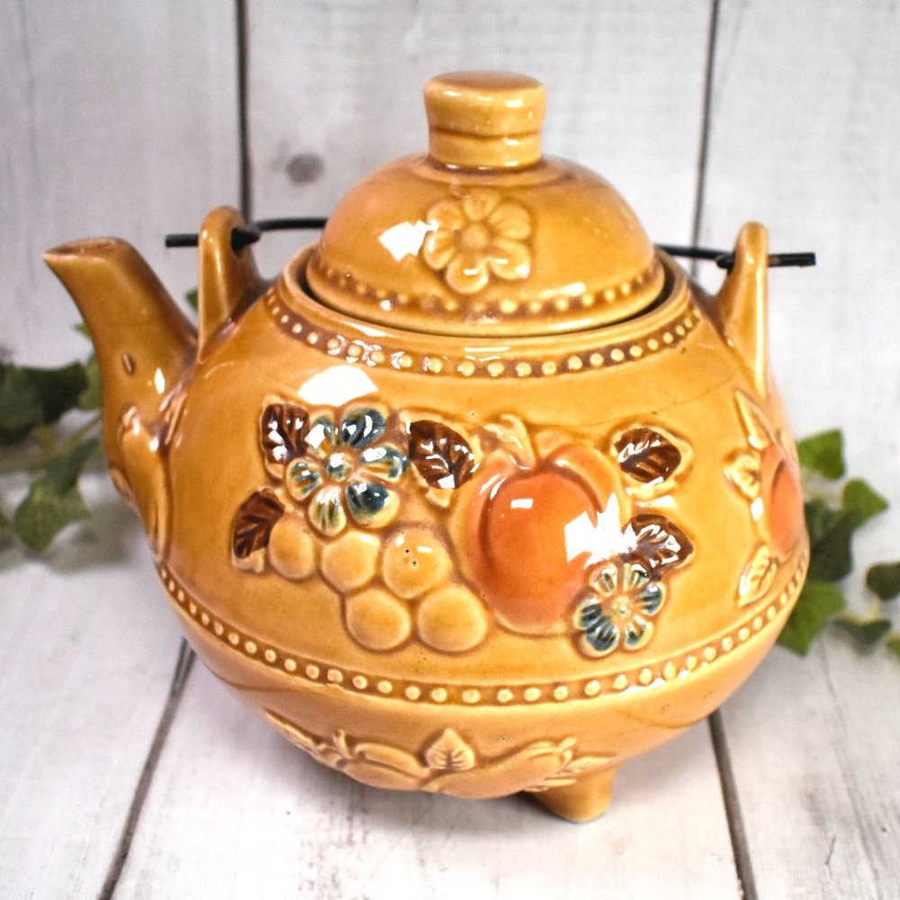 Vintage Footed Teapot with Fall Harvest Fruit Theme, Mustard Color Made in Japan